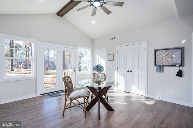 dining space featuring baseboards, visible vents, dark wood-style floors, beamed ceiling, and high vaulted ceiling