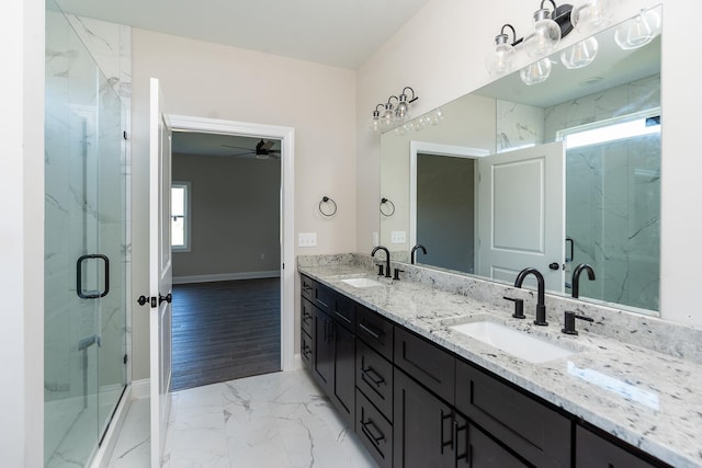 bathroom featuring vanity and walk in shower