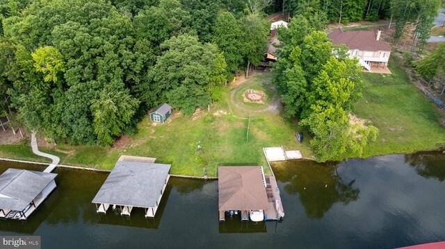 drone / aerial view featuring a water view