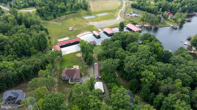 aerial view featuring a water view