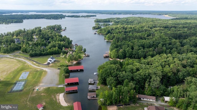 birds eye view of property featuring a wooded view and a water view