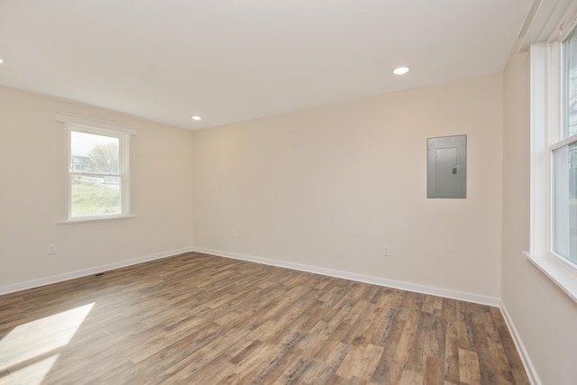 unfurnished room with wood-type flooring and electric panel