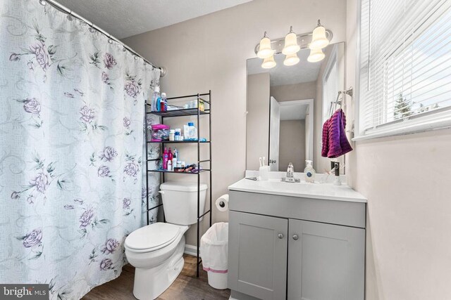 bathroom featuring hardwood / wood-style flooring, vanity, toilet, and walk in shower