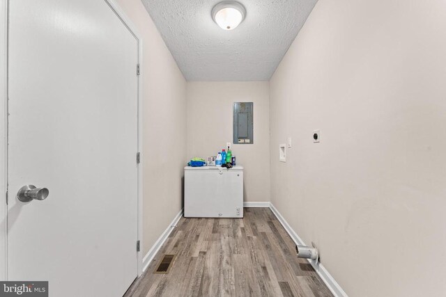 washroom featuring light hardwood / wood-style floors, electric panel, hookup for an electric dryer, and a textured ceiling