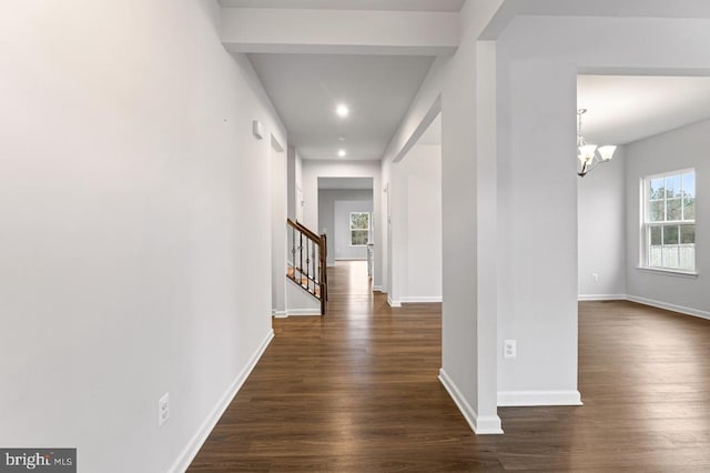 hallway with an inviting chandelier and dark hardwood / wood-style floors