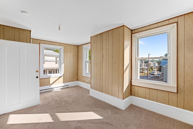 spare room featuring baseboard heating, plenty of natural light, wooden walls, and carpet floors