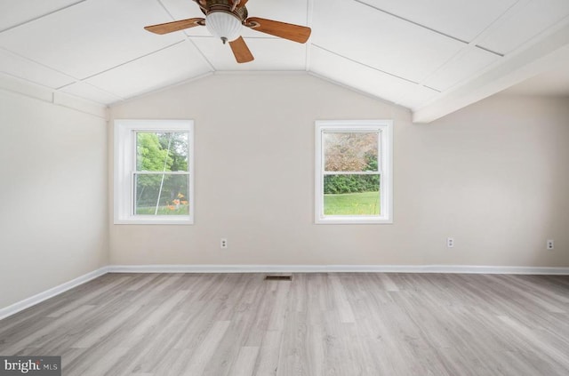 additional living space with ceiling fan, lofted ceiling, and light hardwood / wood-style floors