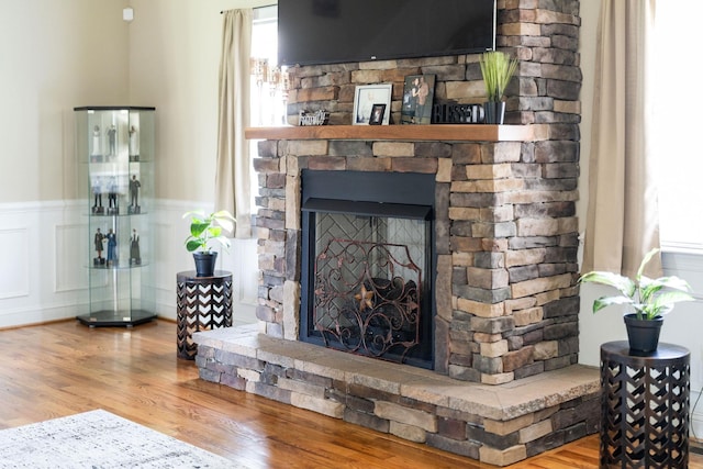 details featuring wood finished floors, a wainscoted wall, and a fireplace