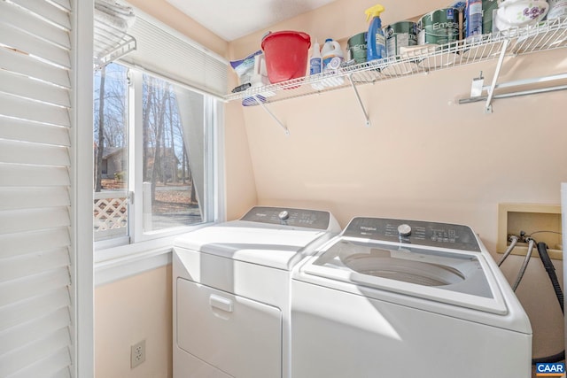 clothes washing area featuring laundry area and washer and clothes dryer