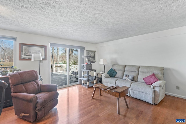 living room featuring a textured ceiling, baseboards, and wood finished floors