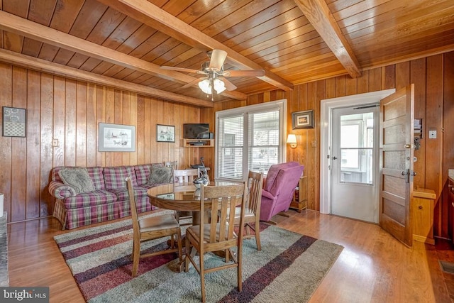 dining area featuring beam ceiling, wood walls, wooden ceiling, and wood finished floors