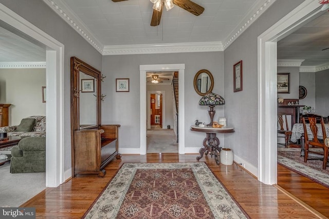 entrance foyer featuring crown molding and wood finished floors