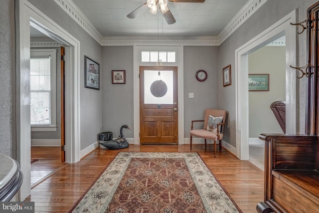 entrance foyer featuring light wood finished floors, plenty of natural light, and ornamental molding