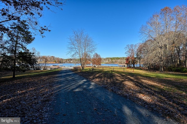 view of road with a water view