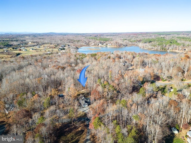 bird's eye view with a forest view and a water view