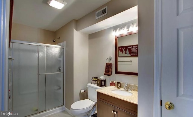 full bath with visible vents, toilet, a stall shower, and vanity