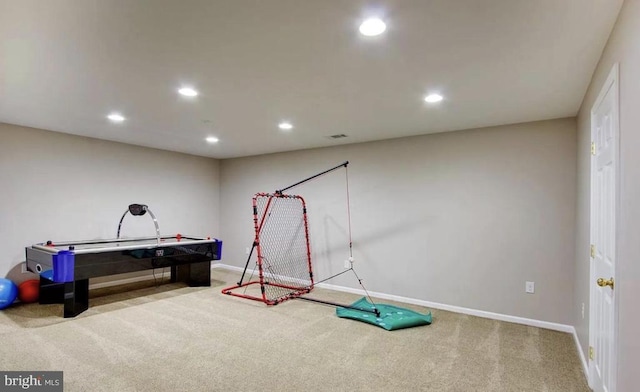 rec room featuring recessed lighting, baseboards, and carpet flooring