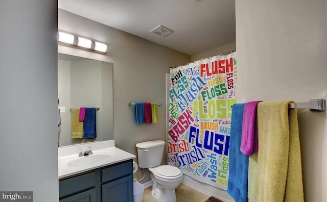 bathroom with vanity, visible vents, curtained shower, tile patterned floors, and toilet