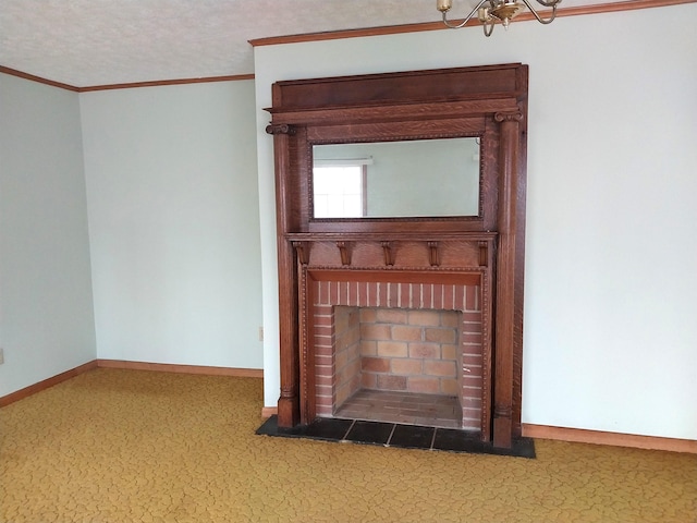 unfurnished living room with crown molding, a fireplace, a textured ceiling, a chandelier, and baseboards