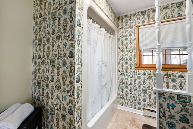 full bath featuring crown molding, wallpapered walls, a baseboard heating unit, baseboards, and tile patterned floors