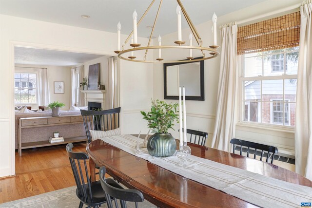 dining space with a fireplace, radiator, and wood finished floors