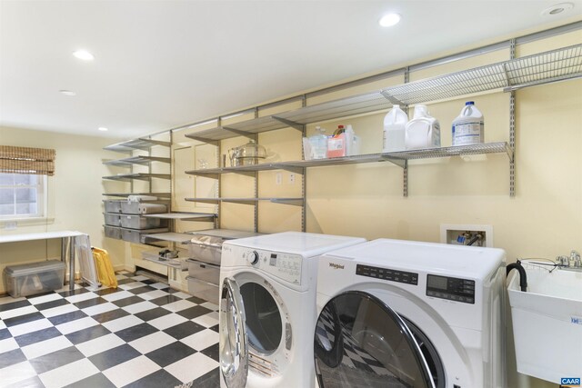 clothes washing area with laundry area, recessed lighting, separate washer and dryer, a sink, and tile patterned floors