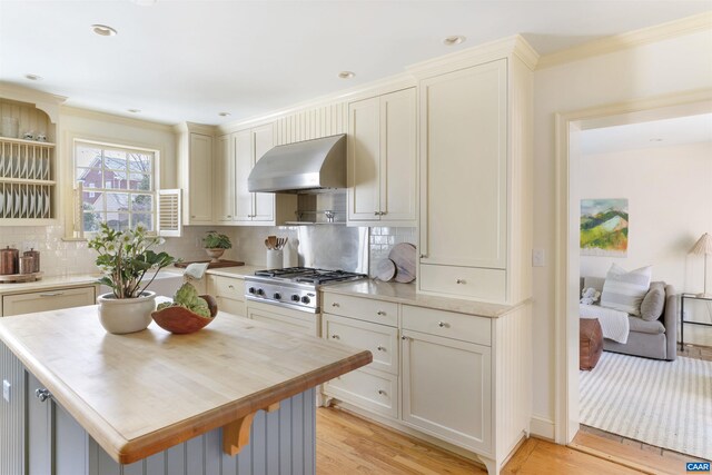 kitchen with ventilation hood, light wood-type flooring, ornamental molding, decorative backsplash, and stainless steel gas stovetop