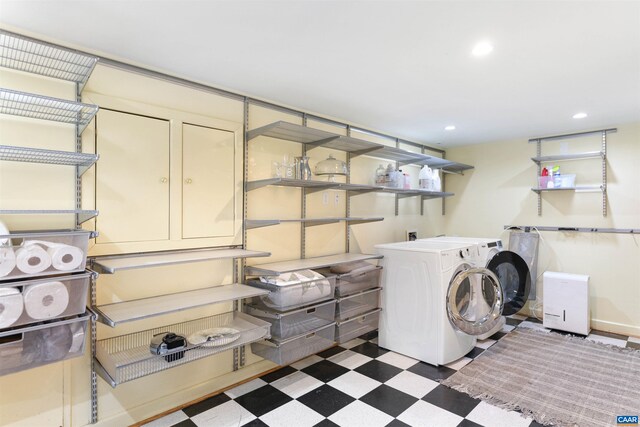 clothes washing area featuring tile patterned floors, washer / clothes dryer, recessed lighting, and laundry area