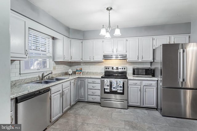 kitchen with backsplash, under cabinet range hood, stainless steel appliances, white cabinetry, and a sink