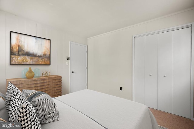 bedroom with carpet flooring and a closet