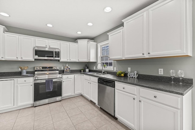 kitchen with appliances with stainless steel finishes, dark countertops, white cabinetry, and a sink