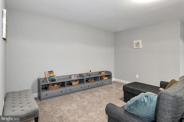 living area featuring baseboards and carpet