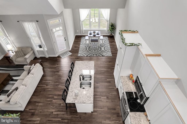 living room featuring dark wood-style floors and baseboards