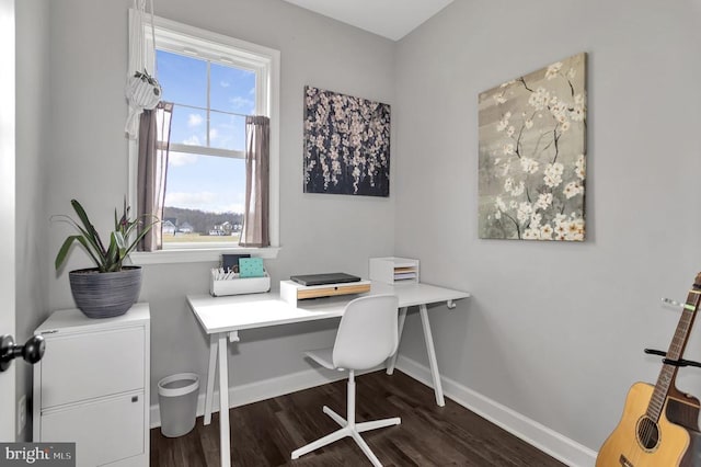 office with dark wood-style floors and baseboards