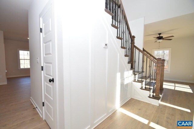 staircase featuring hardwood / wood-style floors, a healthy amount of sunlight, and ceiling fan