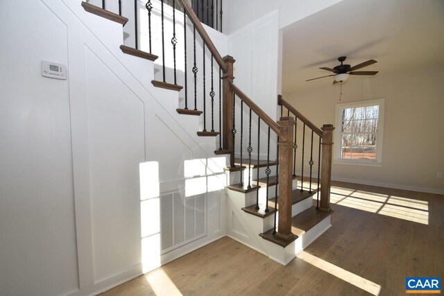 staircase featuring wood-type flooring and ceiling fan