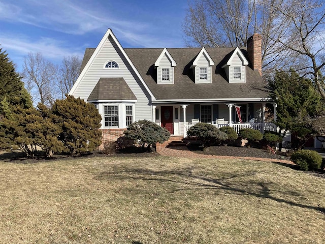 cape cod house featuring a front yard, covered porch, brick siding, and roof with shingles