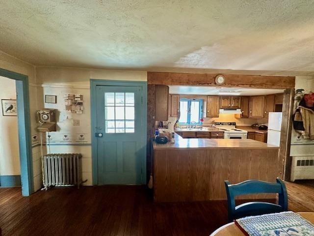 kitchen featuring dark hardwood / wood-style flooring, radiator, white appliances, and kitchen peninsula