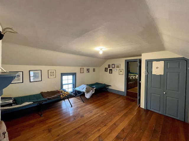 interior space featuring dark hardwood / wood-style flooring and lofted ceiling