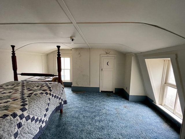 unfurnished bedroom with lofted ceiling and carpet flooring