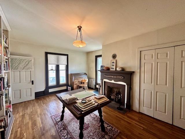 sitting room with radiator heating unit and dark hardwood / wood-style floors