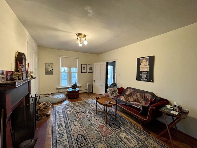 living room with hardwood / wood-style flooring and a baseboard heating unit