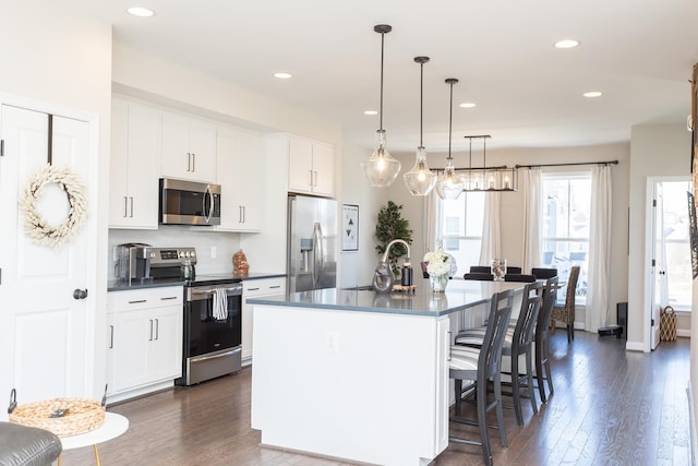 kitchen featuring dark countertops, dark wood-style flooring, and stainless steel appliances