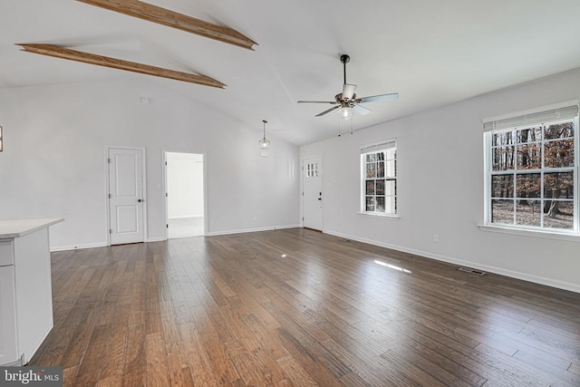 unfurnished living room with ceiling fan, visible vents, dark wood-style flooring, and beam ceiling