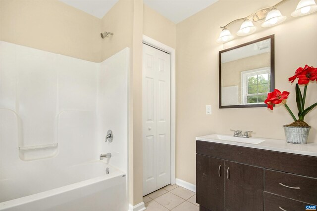 bathroom with tile patterned flooring, vanity, and washtub / shower combination