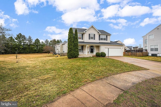 traditional-style home with covered porch, central AC, fence, concrete driveway, and a front lawn