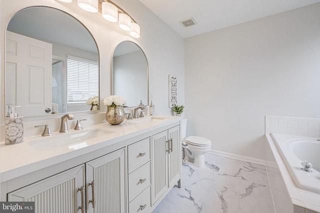 full bathroom with marble finish floor, visible vents, a sink, and a bath