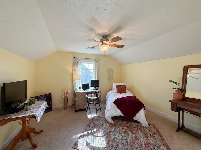 bedroom featuring lofted ceiling, a textured ceiling, carpet flooring, and baseboards