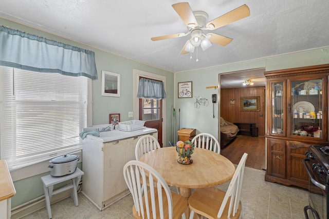 dining room featuring a ceiling fan and a textured ceiling