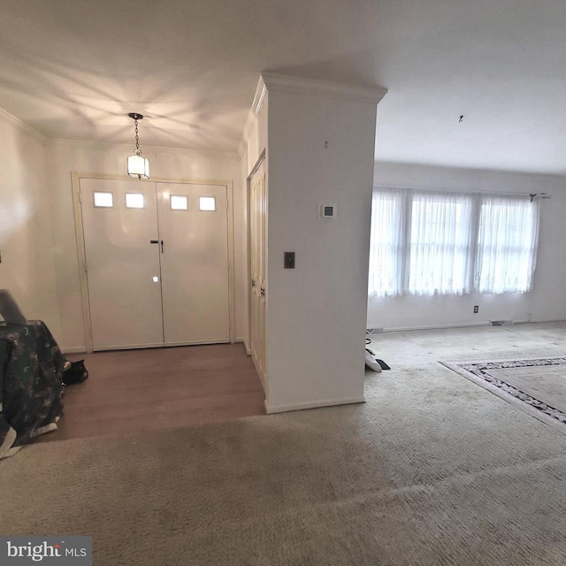 foyer featuring ornamental molding and carpet floors